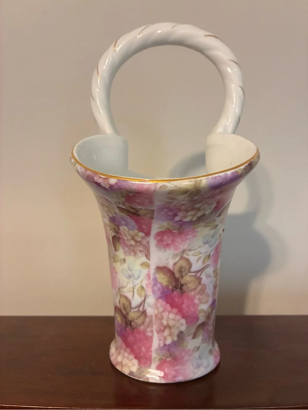 Baum Bros Floral Ceramic Basket Vase with Gold-Trim Handle - Coquette style